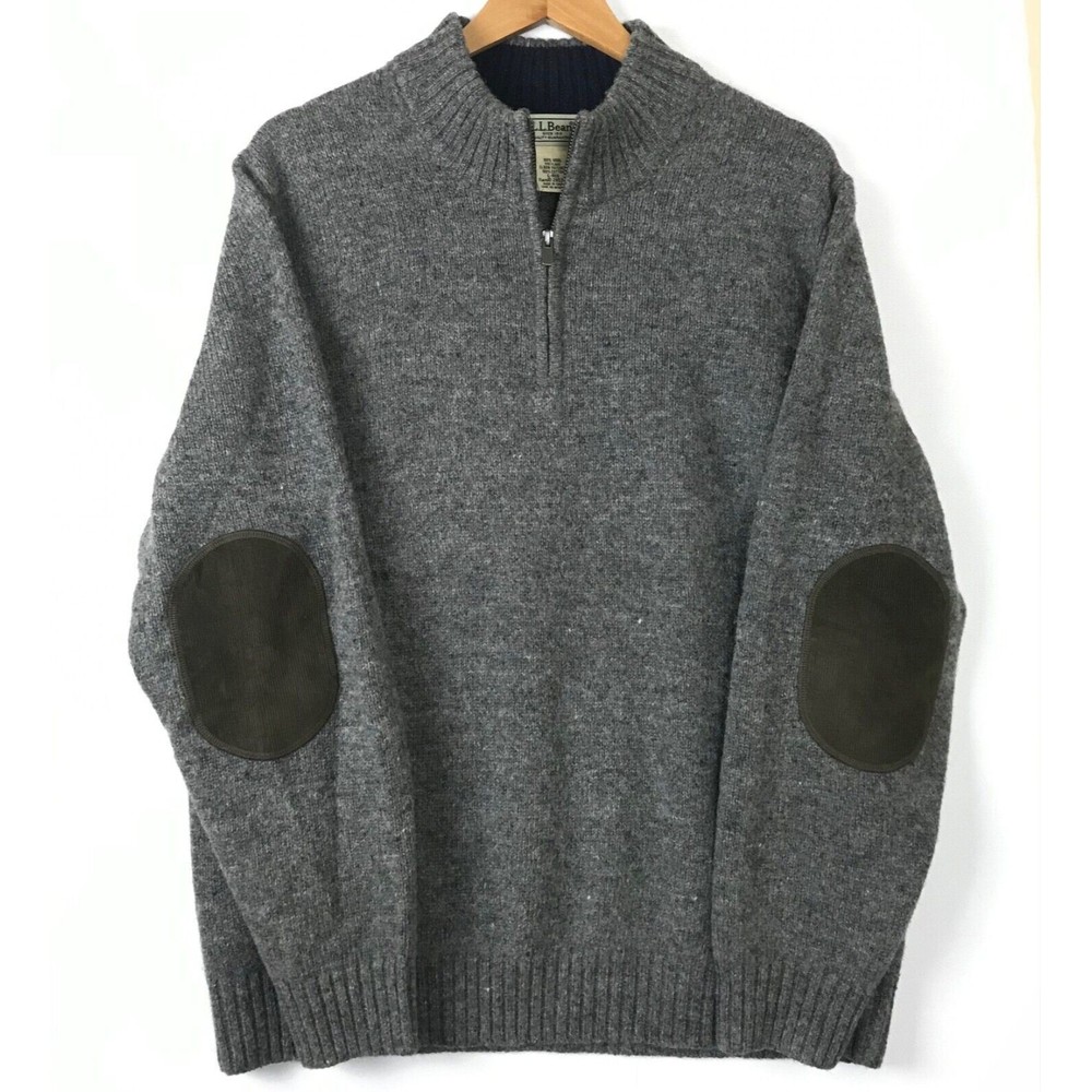 LL Bean Mens L 100% Wool 1/4 Zip Pullover Sweater Corduroy Elbow Patches Gray